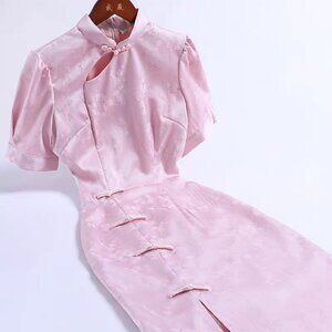 Silk Midi Length Pink Floral Qipao